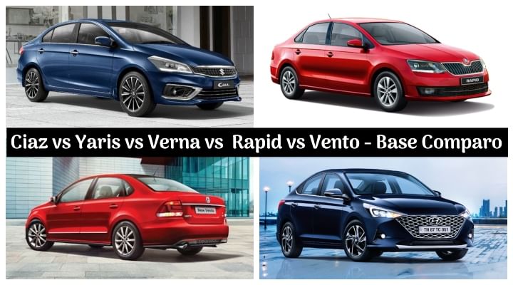 Maruti Suzuki Ciaz vs Toyota Yaris vs Hyundai Verna vs Skoda Rapid vs VW Vento - Base Spec Comparison