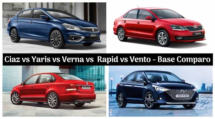 Maruti Suzuki Ciaz vs Toyota Yaris vs Hyundai Verna vs Skoda Rapid vs VW Vento - Base Spec Comparison Maruti Suzuki Ciaz vs Toyota Yaris vs Hyundai Verna vs Skoda Rapid vs VW Vento - Base Spec Comparison