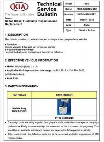 Diesel Kia Seltos Faulty Fuel Pump Image