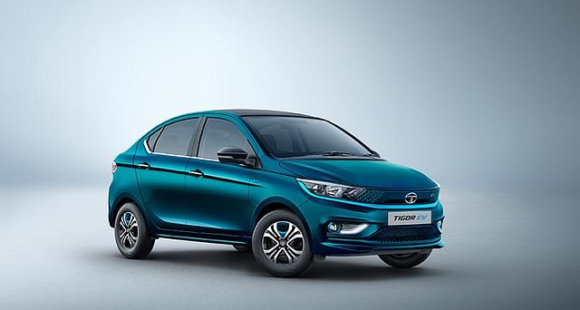 longest range electric cars in india - 2021 tata tigor ev signautre teal blue front three quarters