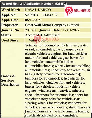 Haval Dargo SUV trademark