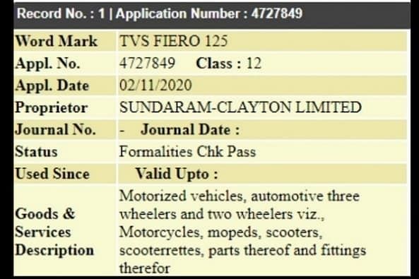 2022 TVS Fiero 125 trademark accepted