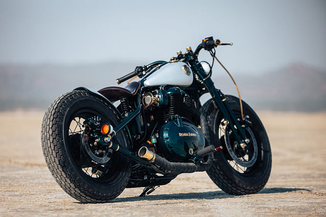 Modified Royal Enfield 650 rear-side profile.
