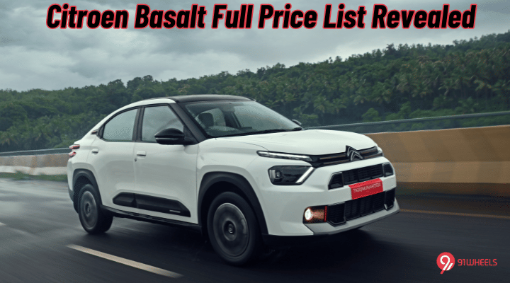 Citroen Basalt Full Price List Revealed, Priced At Rs 7.99 Lakh To 13.62 Lakh